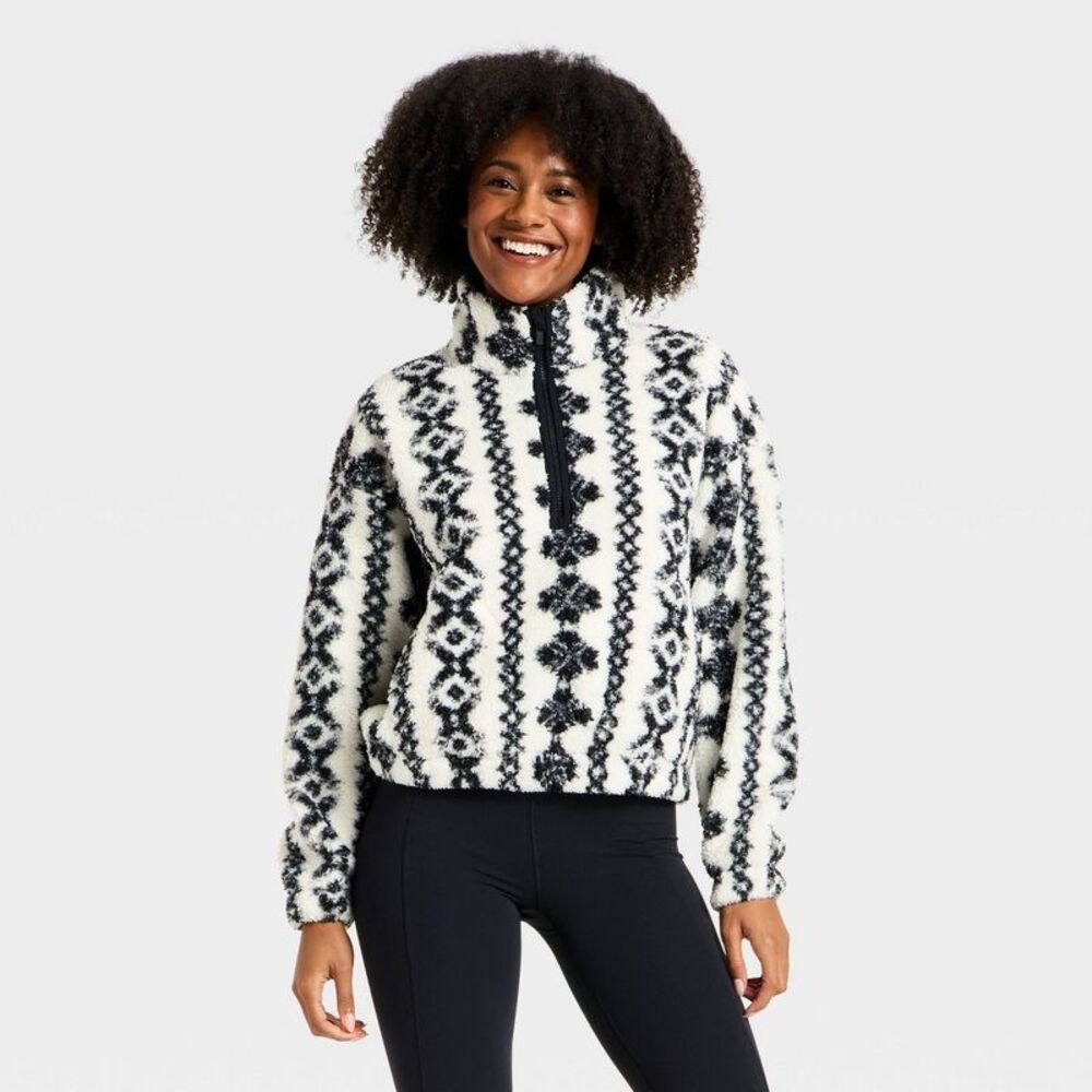Women's High Pile Fleece 1/2 Zip Pullover Jacket - All In Motion Cream/Black L